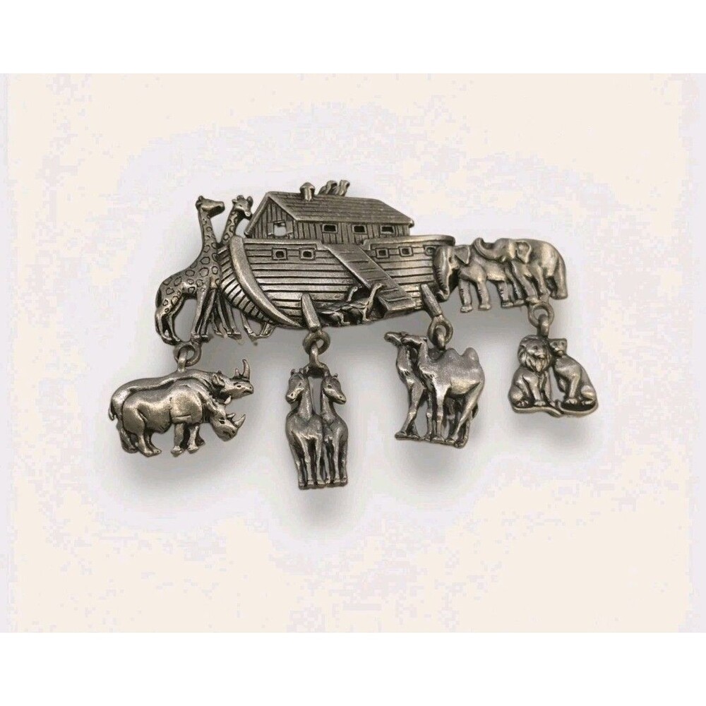 Vintage JJ Jonette Jewelry Noah’s Ark Animal Dangle Brooch Pewter Tone Pin #1406
